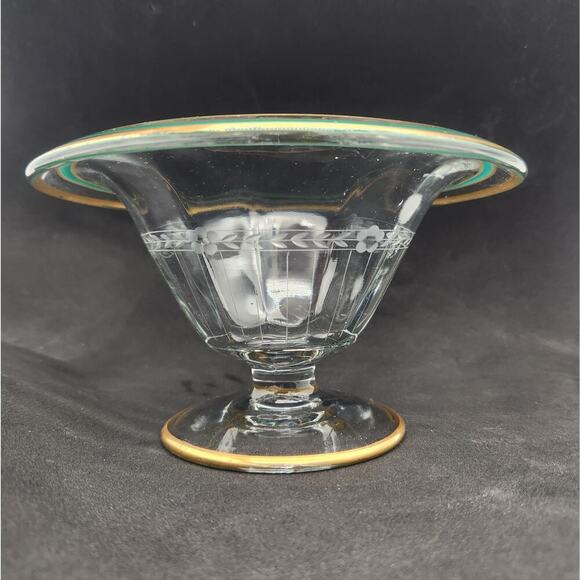 Glass Pedestal Compote Bowl Gold & Green‎ Edge Trim Flowers & Leaves Etched Band - Picture 8 of 8